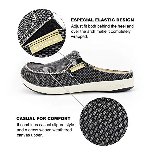 Mesh Chinese Slippers Mens Slippers with Arch Support, Canvas House Slipper for Men with Suede Insole and Velvet Lining, Slip on Clog House Shoes with Indoor Outdoor Anti-Skid Rubber Sole, Black