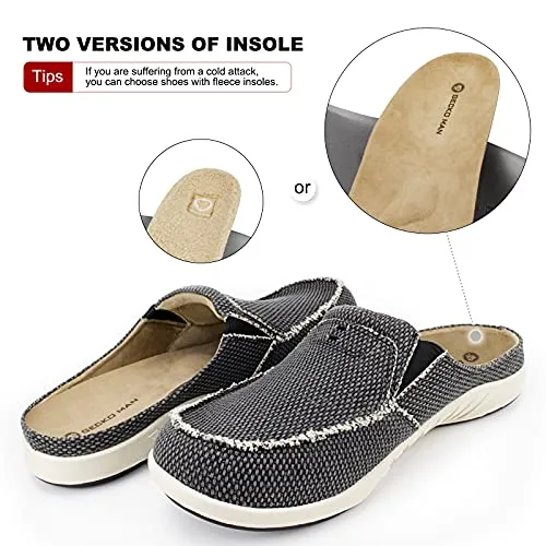 Mens Slippers with Arch Support, Canvas House Slipper for Men with Suede Insole and Velvet Lining, Slip on Clog House Shoes with Indoor Outdoor Anti-Skid Rubber Sole, Black Pointed Toe Slides