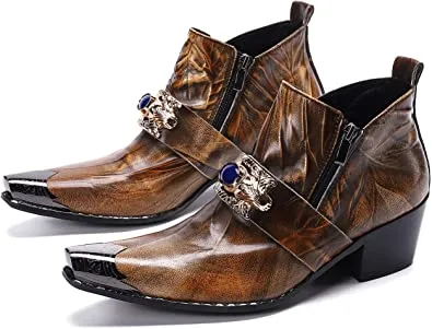 Men's Western Boot Metal Tip Zipper Brown Vintage Boots