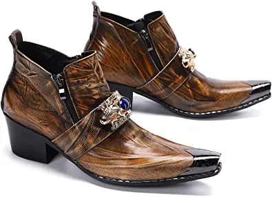 Men's Western Boot Metal Tip Zipper Brown Knee High Boots Flat