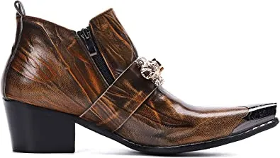 Faux Fur Knee High Boots Men's Western Boot Metal Tip Zipper Brown