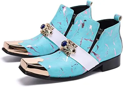 Insulated Dress Boots Men's Western Boots Square Metal Tip in Blue Red