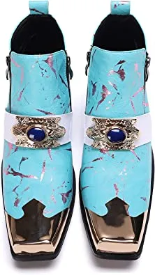 Men's Western Boots Square Metal Tip in Blue Red Leg Warmer Boots