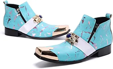 Men's Western Boots Square Metal Tip in Blue Red Leather Black