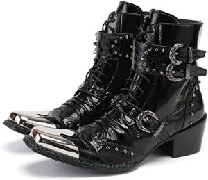 Men's Western Motorcycle Boots Square Metal Tip Hiking Boots Leather