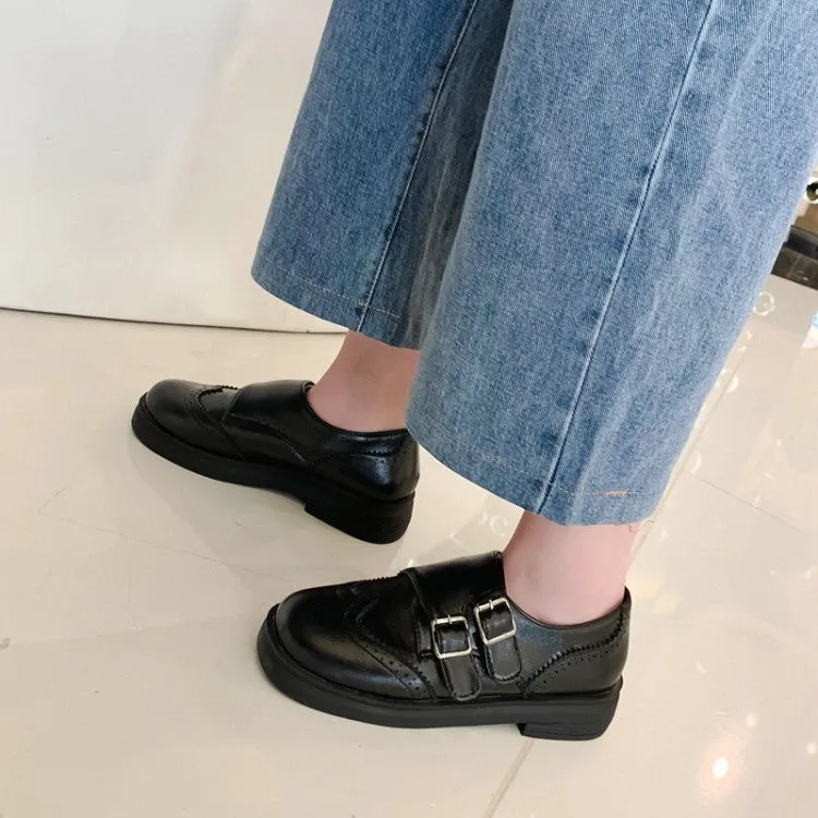 Women's Solid Color Round Toe Stitching Double Buckle Slip on Oxford Flats Shoes Heel Flat Shoes