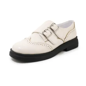 Women's Solid Color Round Toe Stitching Double Buckle Slip on Oxford Flats Shoes Flat Mule Shoes