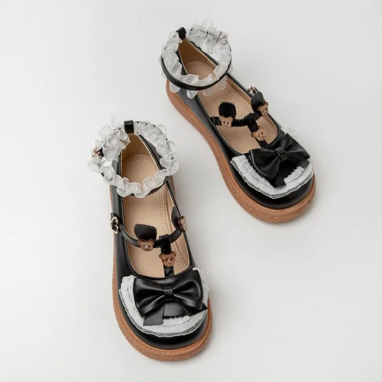 Women's Lolita Pu Leather Lace Bow Tie Straps Flats Shoes Good Shoes For Flat Feet Walking