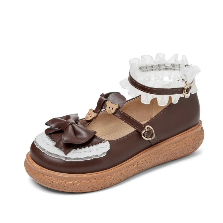 Comfy Ballet Flat Shoes Women's Lolita Pu Leather Lace Bow Tie Straps Flats Shoes