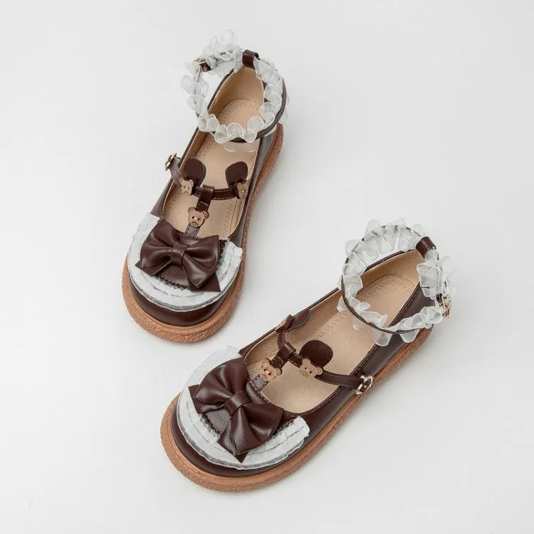 Wide Fit Flat Mary Jane Shoes Women's Lolita Pu Leather Lace Bow Tie Straps Flats Shoes