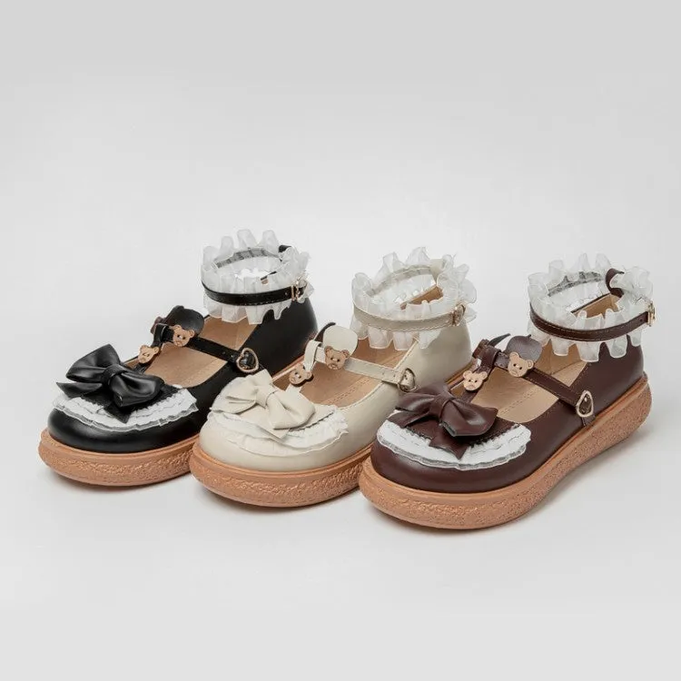 Jeweled Flats Shoes Women's Lolita Pu Leather Lace Bow Tie Straps Flats Shoes