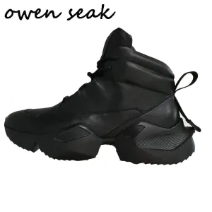 Owen Seak Men's Genuine Leather Lace Up Hightop Sneakers Ballet Flat Work Shoes