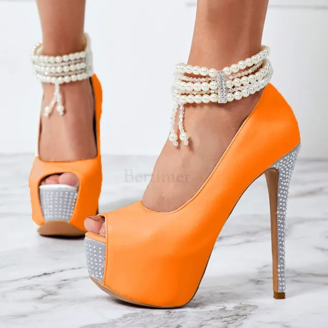 All Bird Waterproof Shoes Peep Toe Pearl Stiletto Pumps shoes 11 