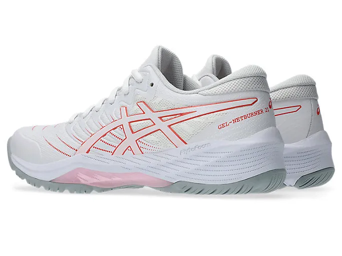 Asics Winter Running Shoes Spikes ASICS WOMEN'S NETBURNER 21 WHITE/PAPAYA NETBALL SHOES