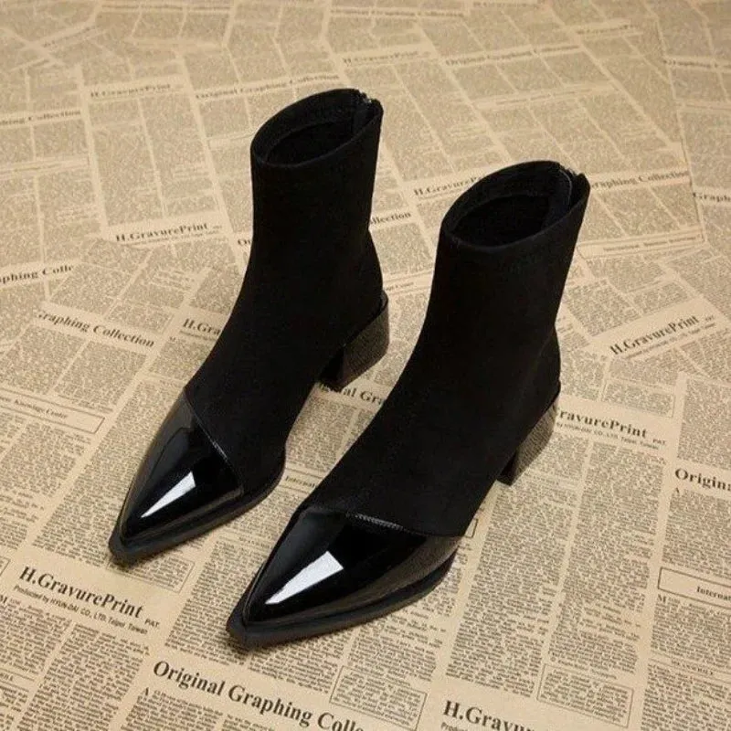 Autumn Winter Fleeces Sock Ankle Boots Square Heel Warm Short Booties Waterproof Motorcycle Shoes