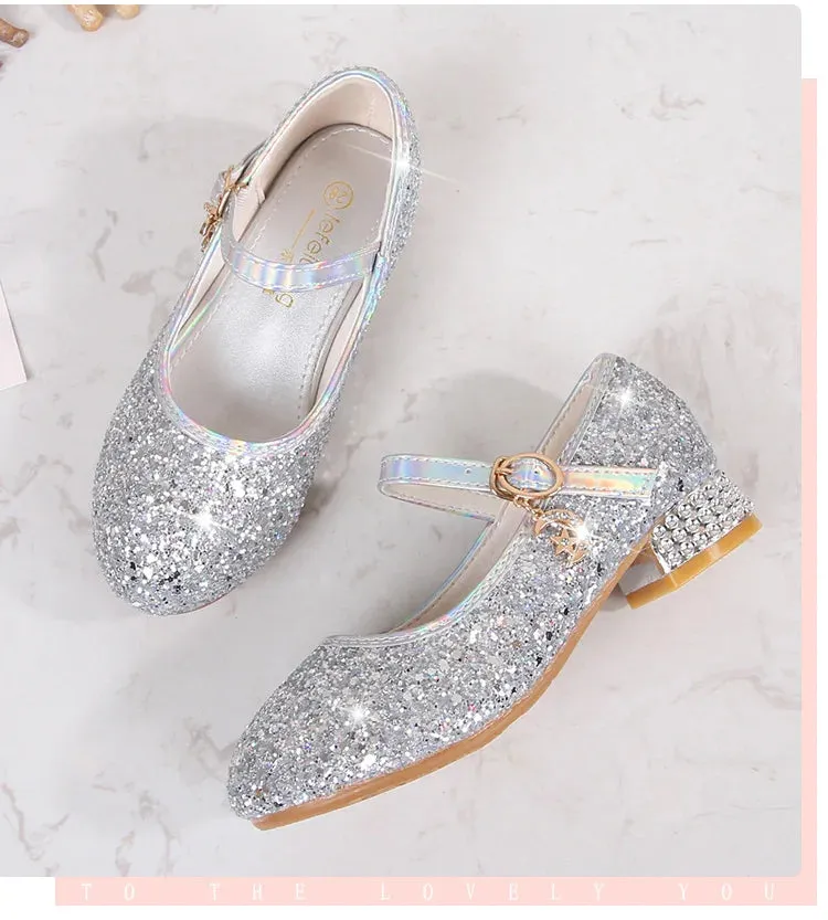 Waterproof Shoes Size 5 Zhongda Girls' Fashion Show Crystal Shoe New Versatile Mary Jane Fashion Sequins Walk Princess Shoe School Shoes for Kid Girls