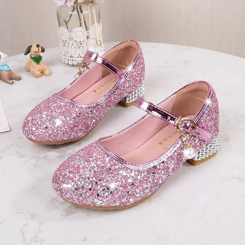Zhongda Girls' Fashion Show Crystal Shoe New Versatile Mary Jane Fashion Sequins Walk Princess Shoe School Shoes for Kid Girls Best Shoe Waterproof