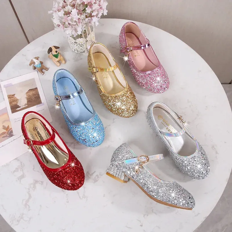 Zhongda Girls' Fashion Show Crystal Shoe New Versatile Mary Jane Fashion Sequins Walk Princess Shoe School Shoes for Kid Girls Knit Shoes Waterproof