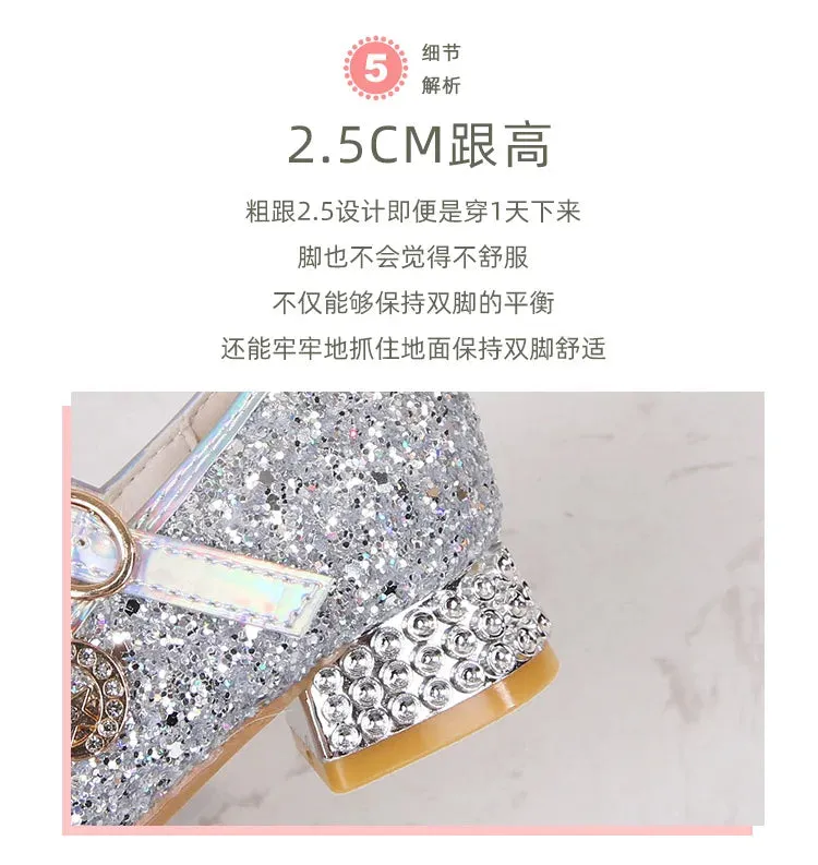 Waterproof Loafer Shoes Zhongda Girls' Fashion Show Crystal Shoe New Versatile Mary Jane Fashion Sequins Walk Princess Shoe School Shoes for Kid Girls