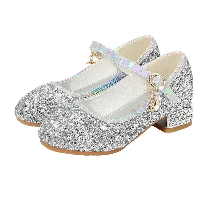 Fashionable Waterproof Shoes Zhongda Girls' Fashion Show Crystal Shoe New Versatile Mary Jane Fashion Sequins Walk Princess Shoe School Shoes for Kid Girls