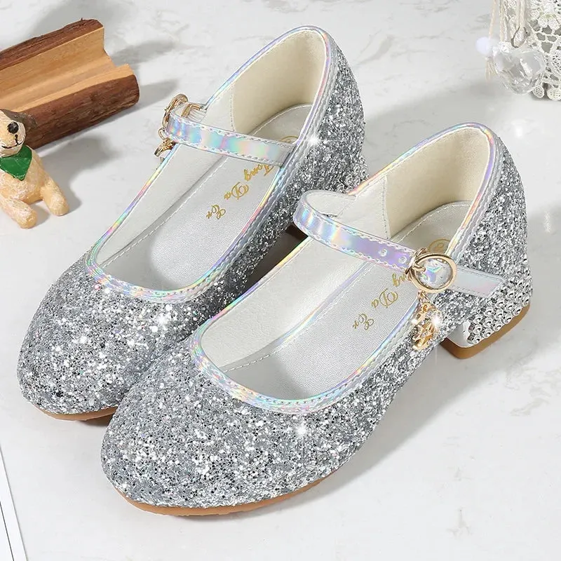 Zhongda Girls' Fashion Show Crystal Shoe New Versatile Mary Jane Fashion Sequins Walk Princess Shoe School Shoes for Kid Girls Golf Shoe Waterproofing Spray