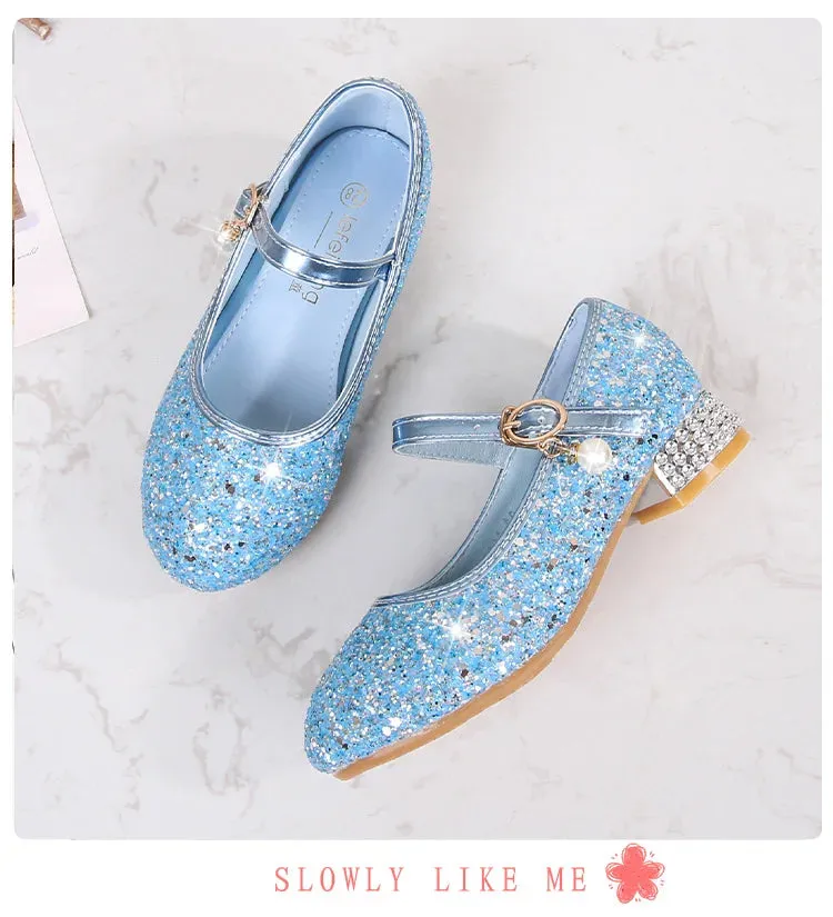 Zhongda Girls' Fashion Show Crystal Shoe New Versatile Mary Jane Fashion Sequins Walk Princess Shoe School Shoes for Kid Girls Extra Wide Waterproof Shoes