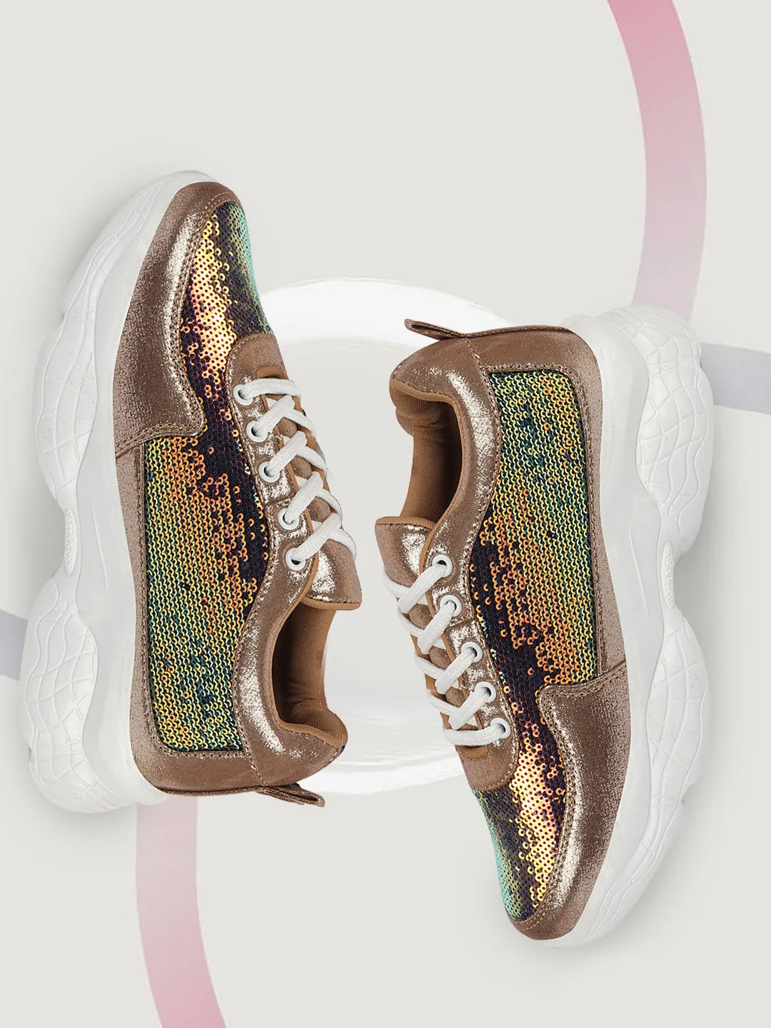 Sneakers Slip On Rhinestones Women Golden Stylish Lace Up Embellished Sneakers