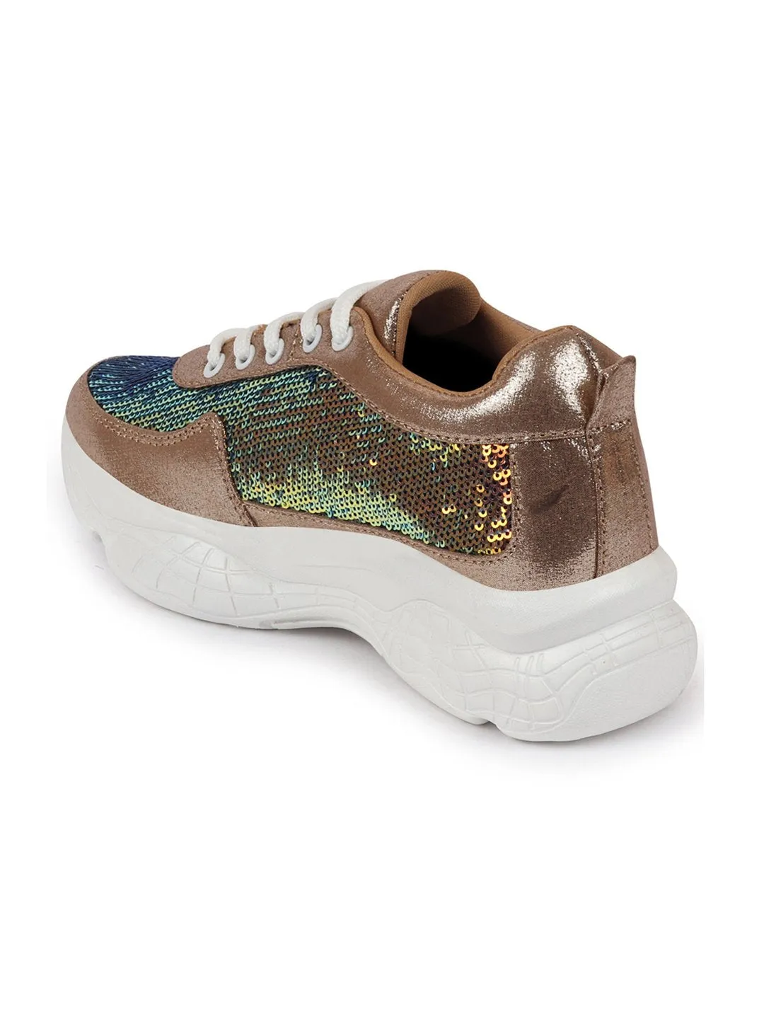 Women Golden Stylish Lace Up Embellished Sneakers Human Sneakers