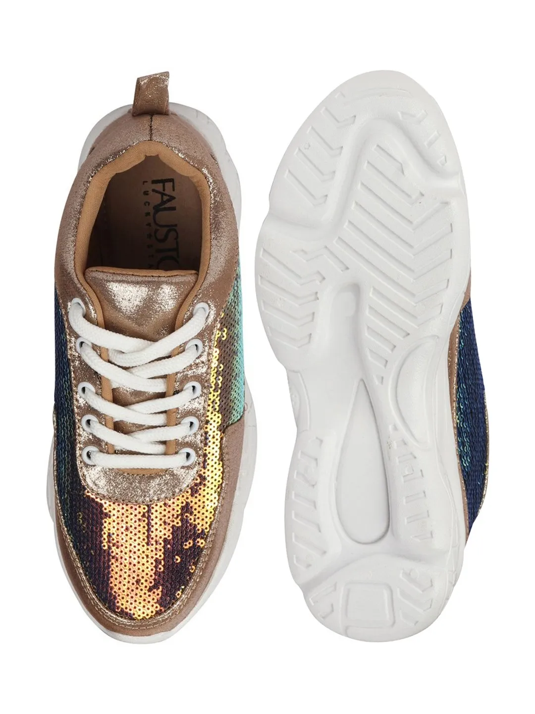 Walking In Sneakers Women Golden Stylish Lace Up Embellished Sneakers