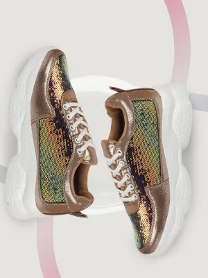 Animal Print Slip On Sneakers Women Golden Stylish Lace Up Embellished Sneakers