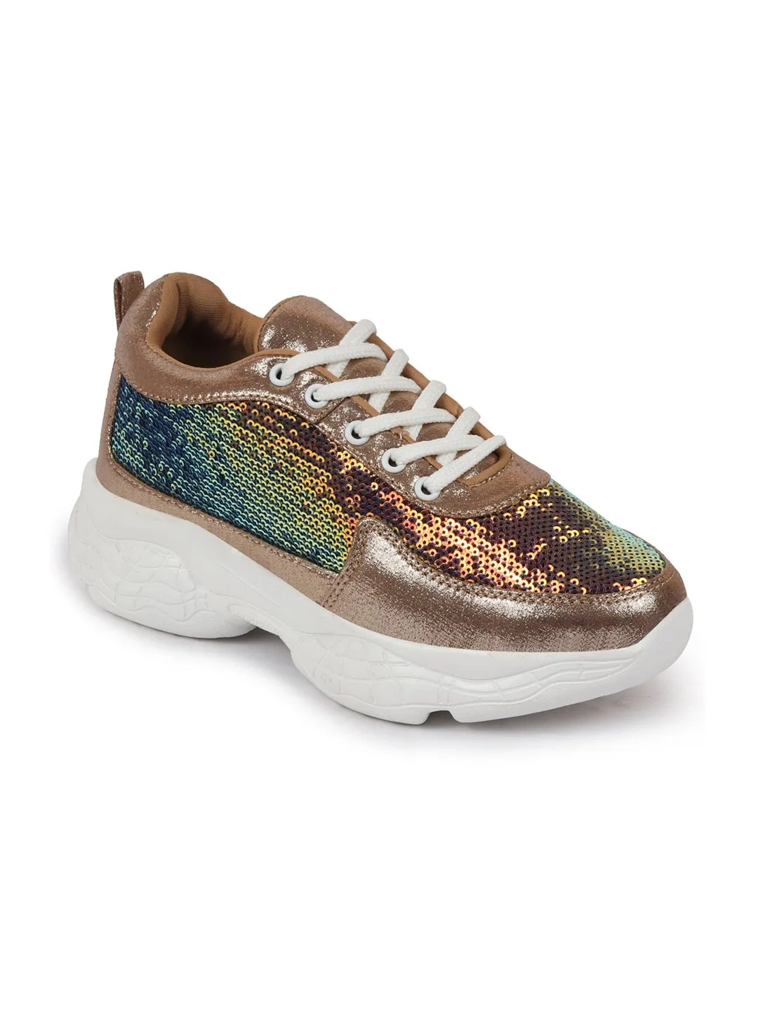 Composite Sneakers For Women Women Golden Stylish Lace Up Embellished Sneakers