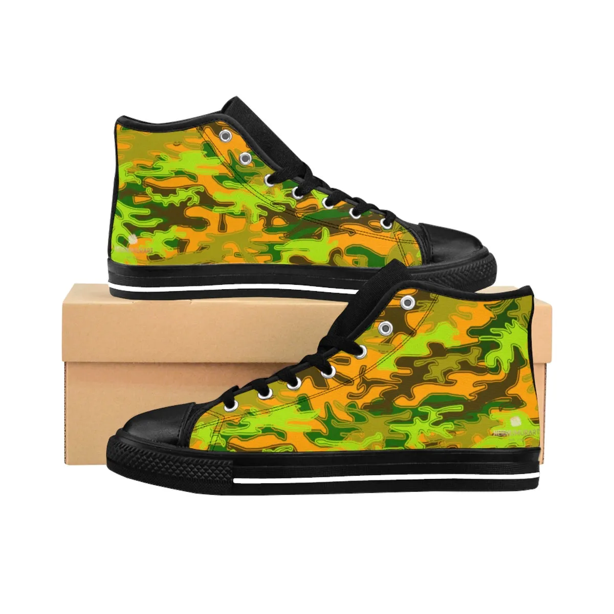 Puss N Boots Orange Blue Camo Men's High Tops, Green Camouflage Army Military Print Men's High-top Sneakers Shoes