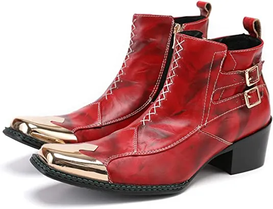 Mcm Boots Men's Western Boots Square Metal Tip Zipper Buckle