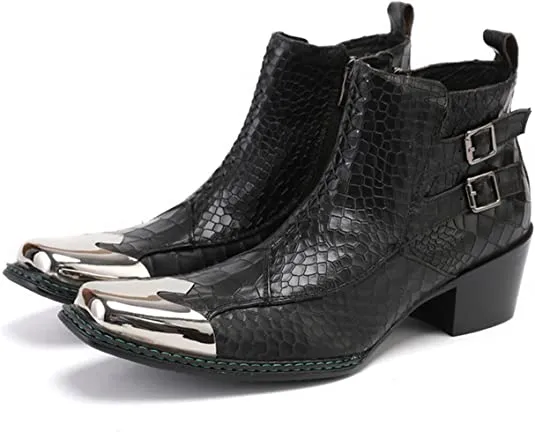 Men's Western Boots Square Metal Tip Zipper Buckle Black Knee Boots