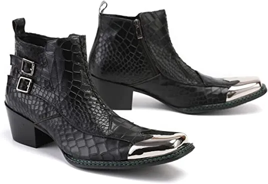 Men's Western Boots Square Metal Tip Zipper Buckle Tall Waterproof Boots