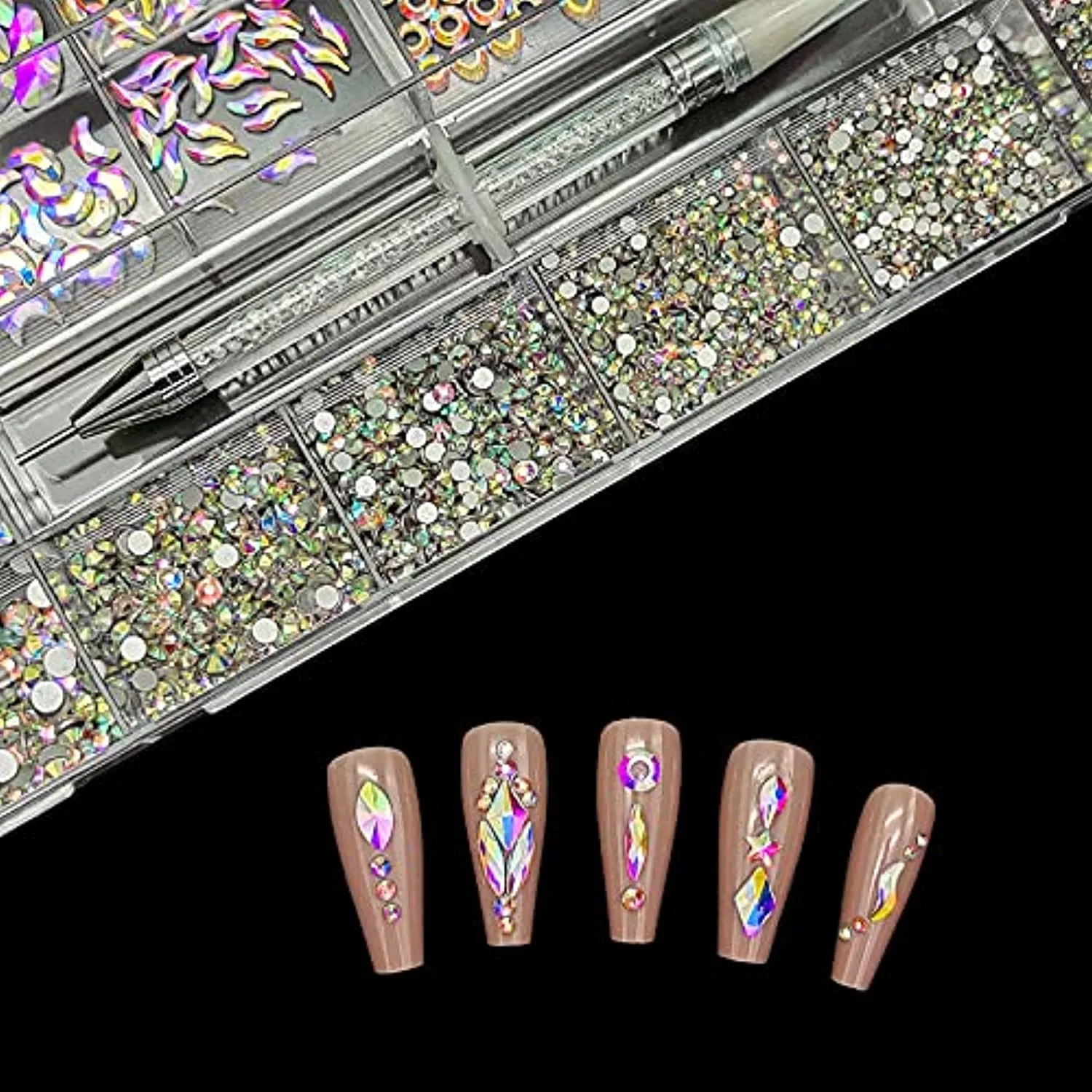 Palace Waterproofer Nail Rhinestones Gems Jewels Kit,3830pcs 3D Crystal Diamond Nail Stones Mixed Shapes and Round Flat Rhinestones Packed with Nail Jewels Wax Pen & Box,Idea Gift for Acrylic Nail Art Diy Crafts