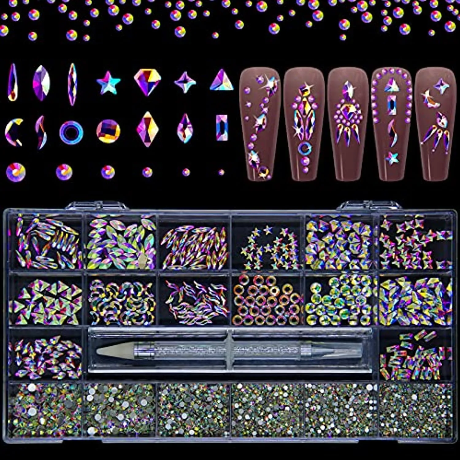 Nail Rhinestones Gems Jewels Kit,3830pcs 3D Crystal Diamond Nail Stones Mixed Shapes and Round Flat Rhinestones Packed with Nail Jewels Wax Pen & Box,Idea Gift for Acrylic Nail Art Diy Crafts Waterproof Coating For Shoes