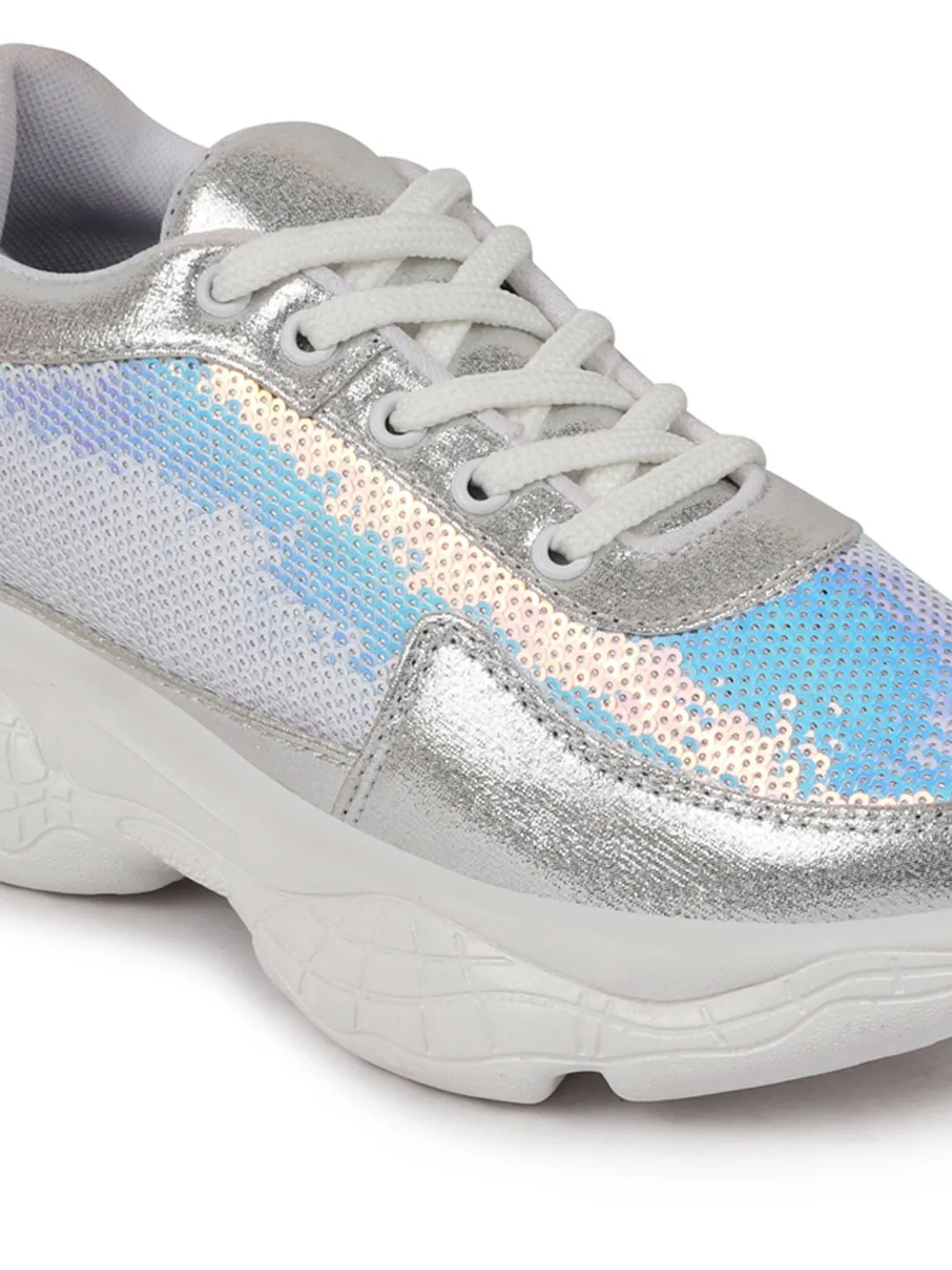 Women Silver Stylish Lace Up Embellished Sneakers 10. NULL