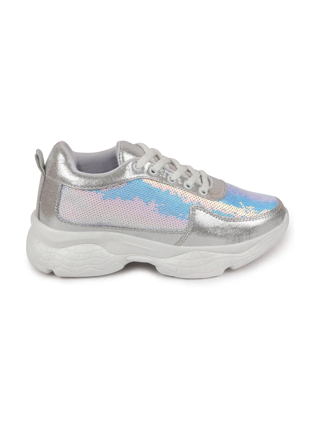 Steel Toe Inserts For Sneakers Women Silver Stylish Lace Up Embellished Sneakers