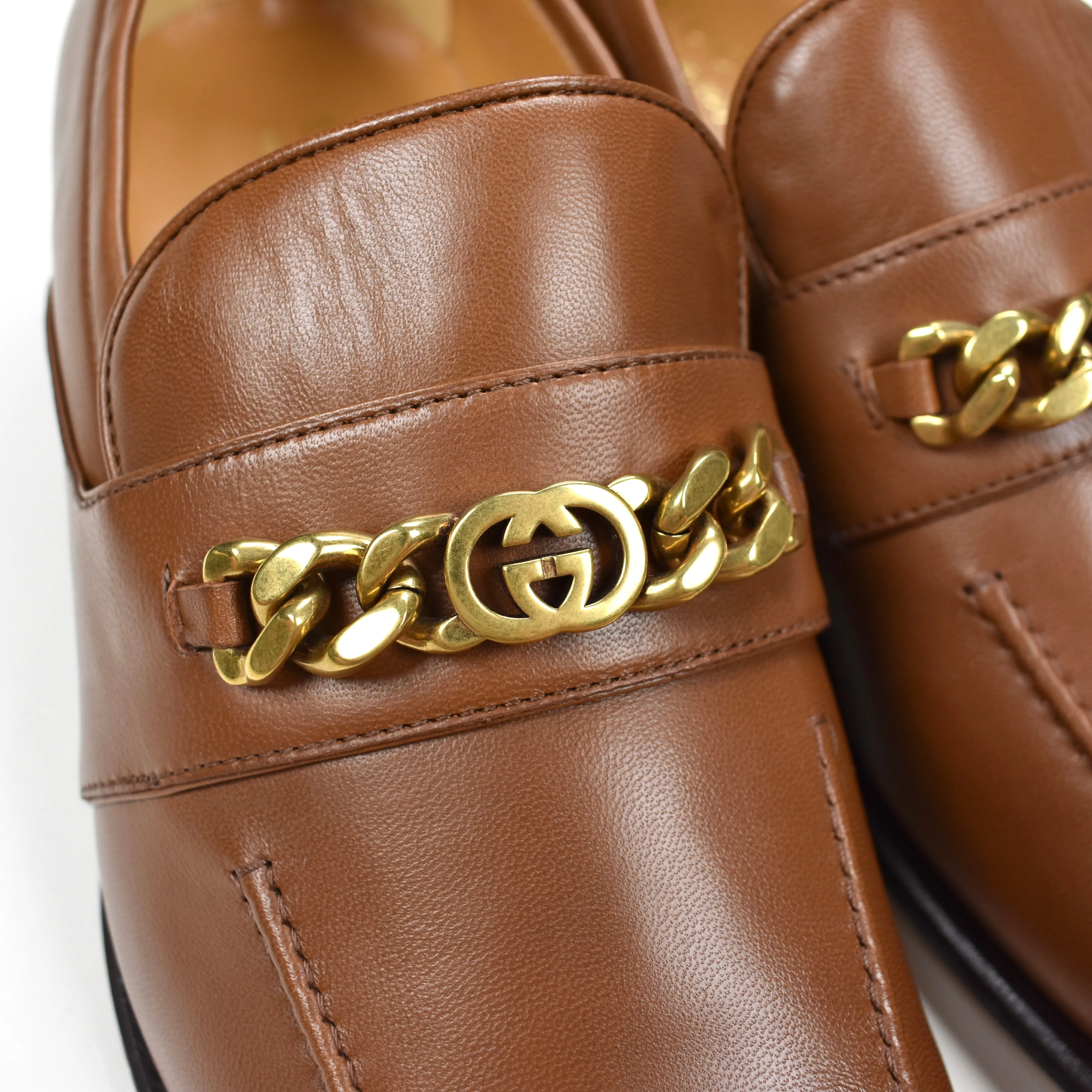Gucci - Brown Leather GG Chain Logo Loafers Massage Slides