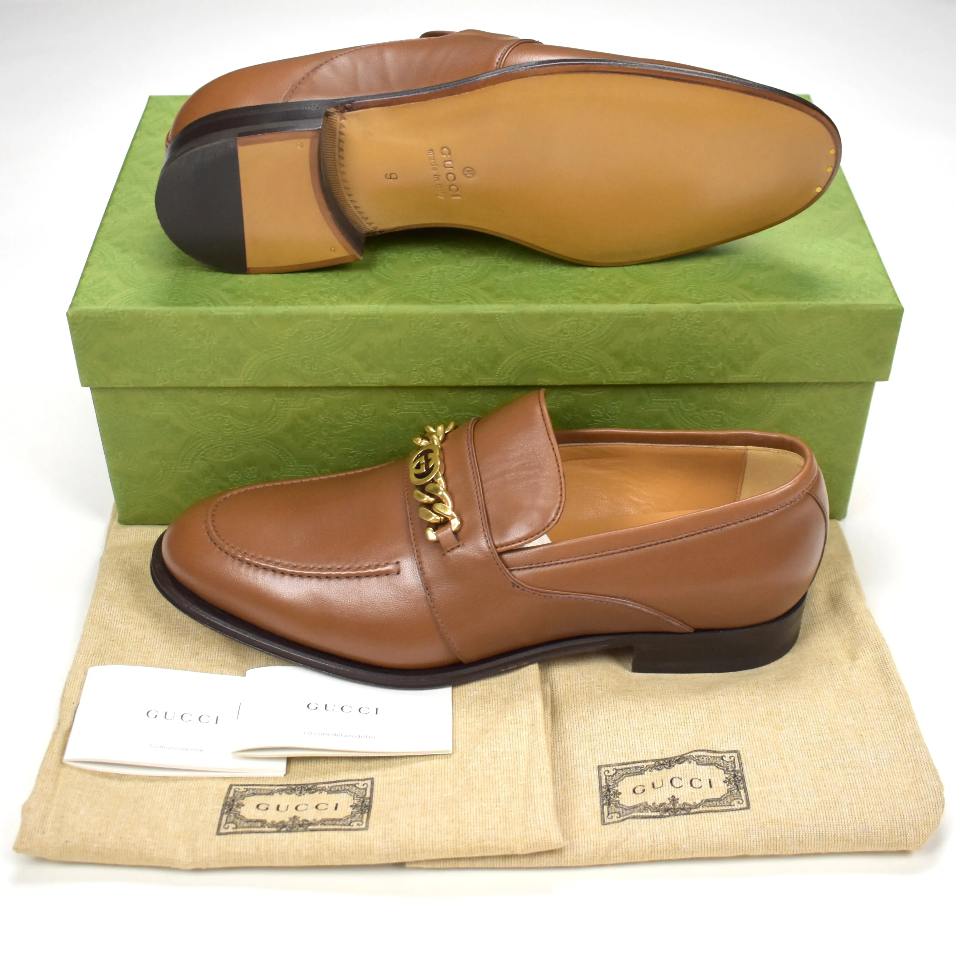 Gucci - Brown Leather GG Chain Logo Loafers Ankle Slippers