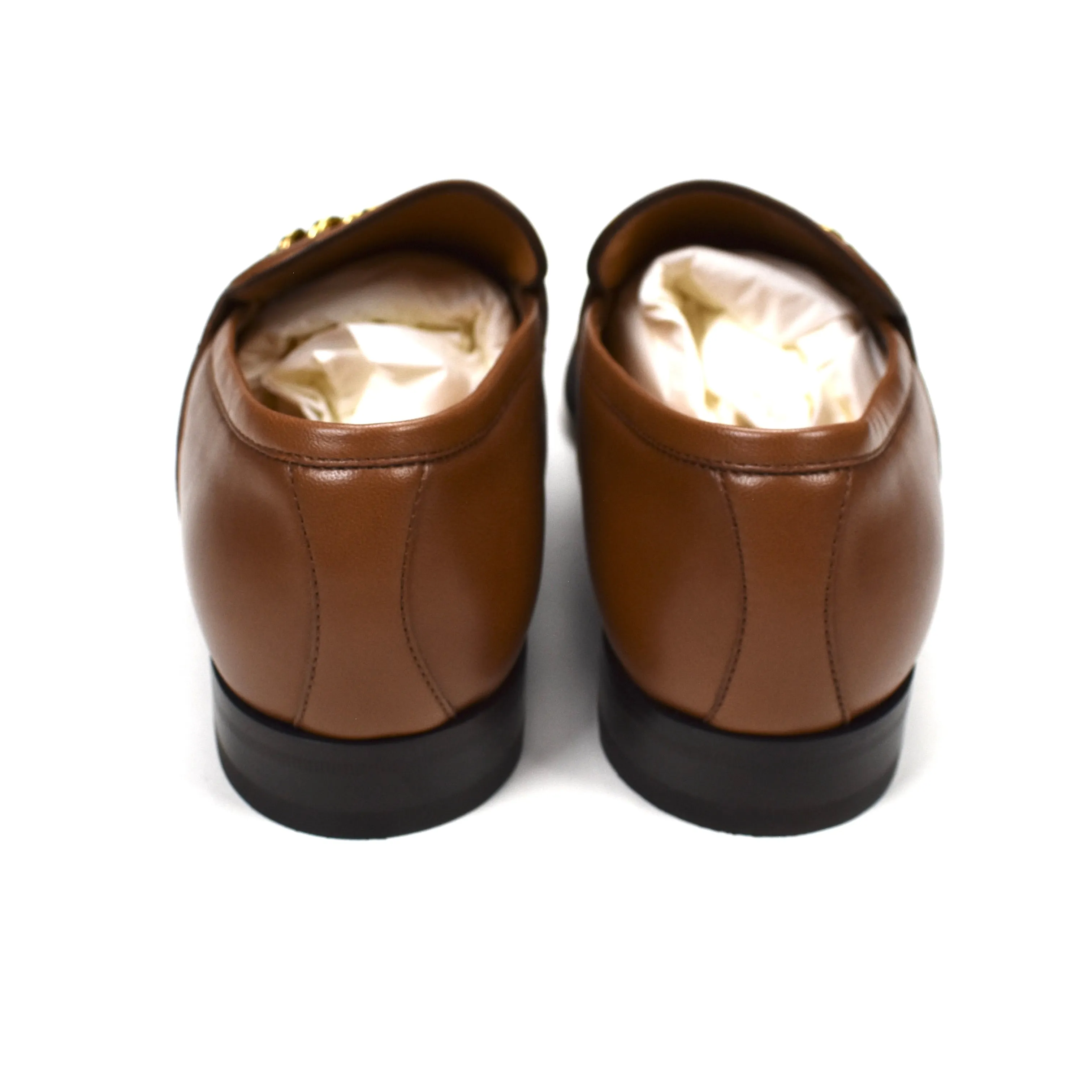 Gucci - Brown Leather GG Chain Logo Loafers Loafers Slippers