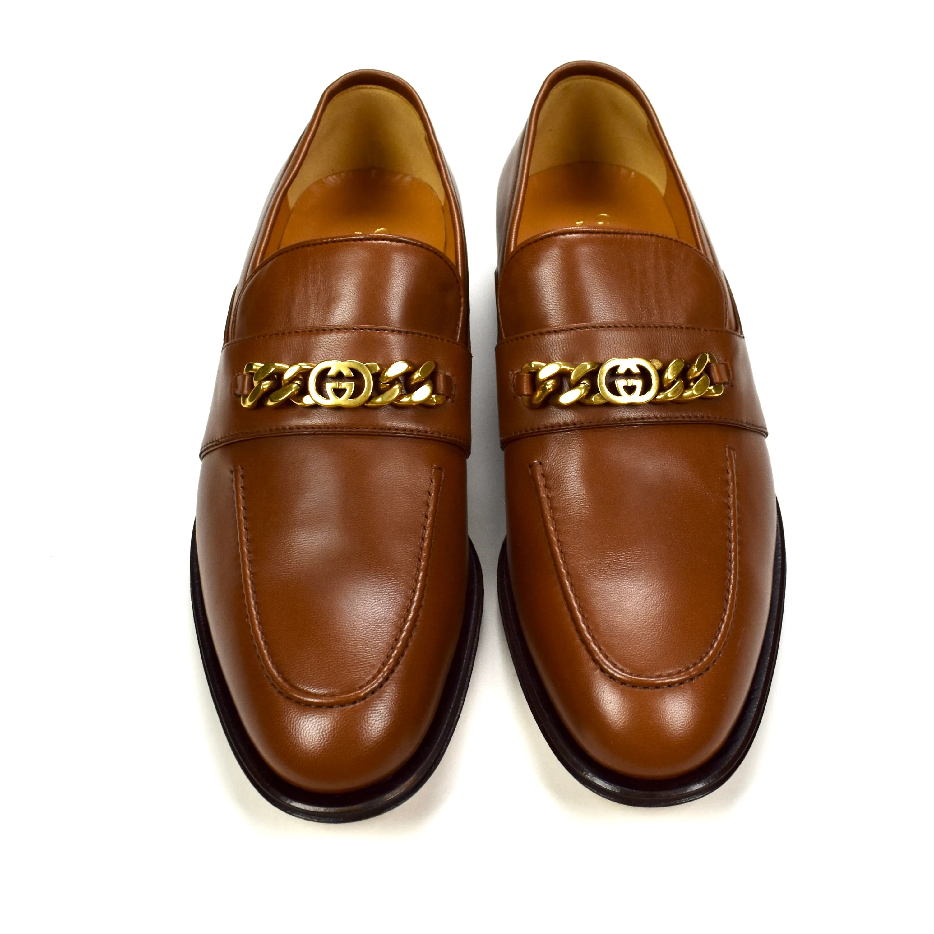 Best Cozy Slippers Gucci - Brown Leather GG Chain Logo Loafers