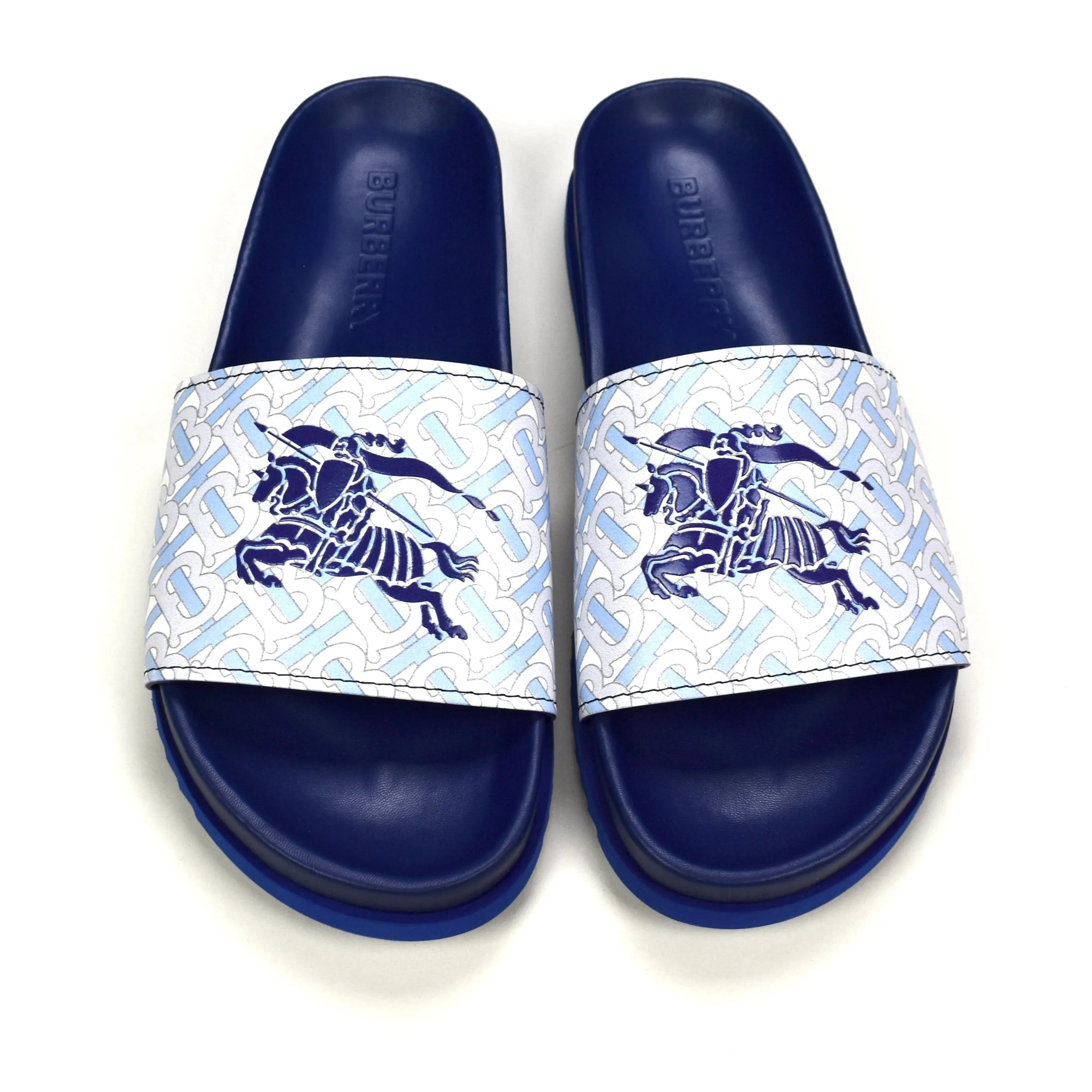 Burberry - Blue Leather TB Monogram Logo Melroy Slides Cleaner For Slippers