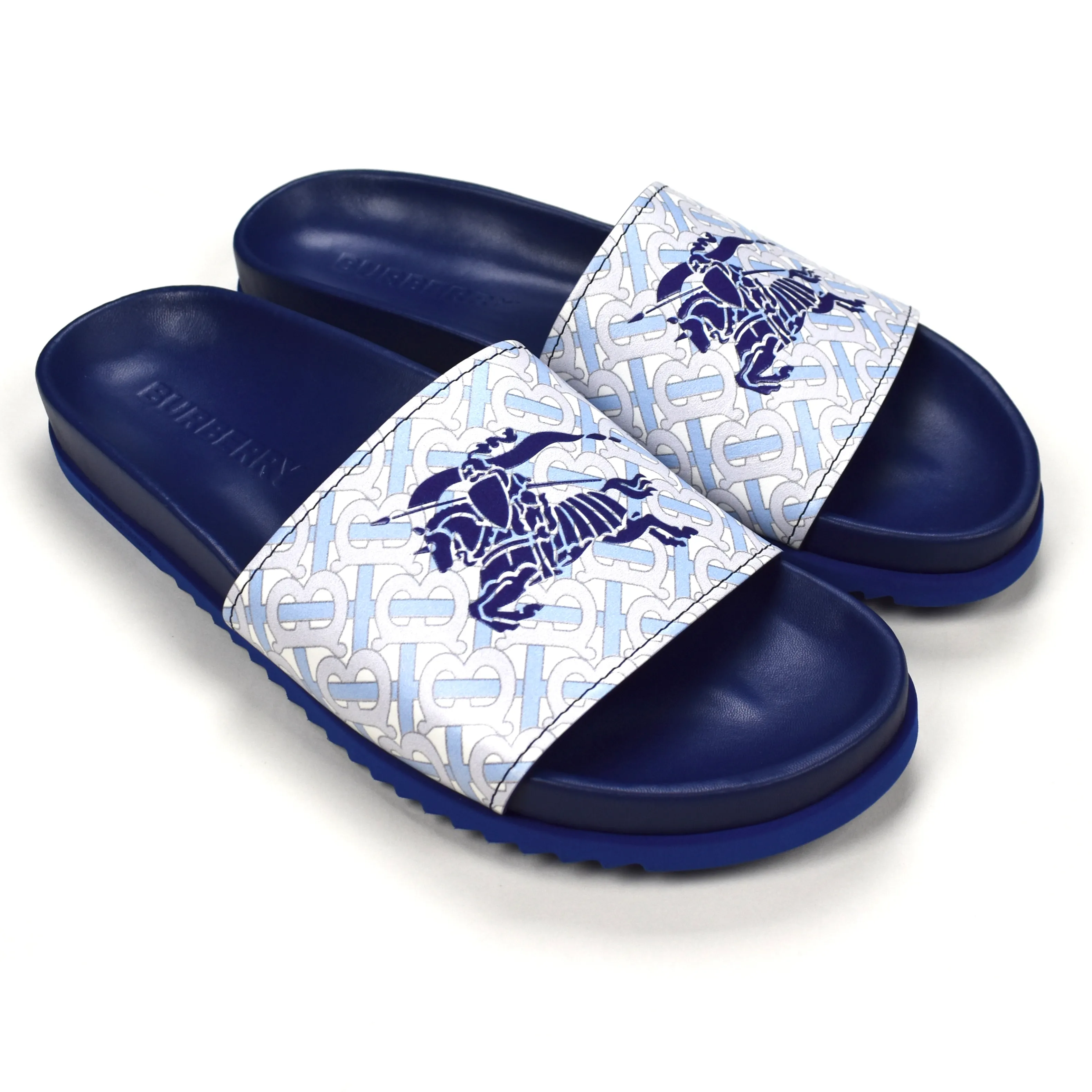 Burberry - Blue Leather TB Monogram Logo Melroy Slides High Heel Slides Shoes