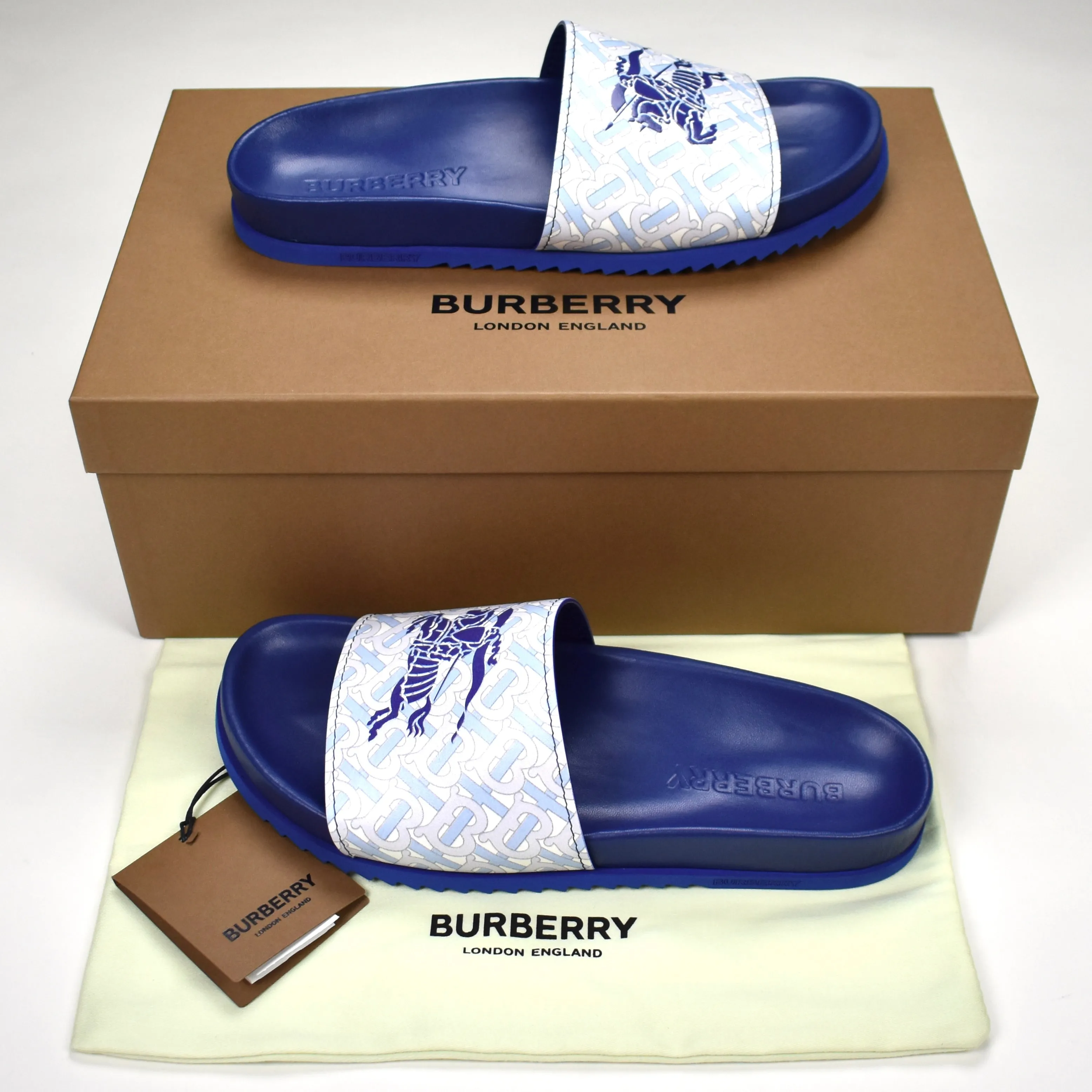 Burberry - Blue Leather TB Monogram Logo Melroy Slides Female Flat Slippers