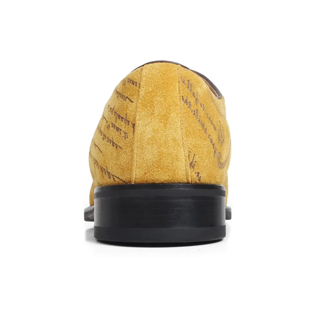 Genuine Cow Suede Oxford Dress Shoes Men Yellow Flat Letter Laser Wedding Office Handmade Shoes Formal Zapato de Hombre Waterproof Flat Pedal Shoes