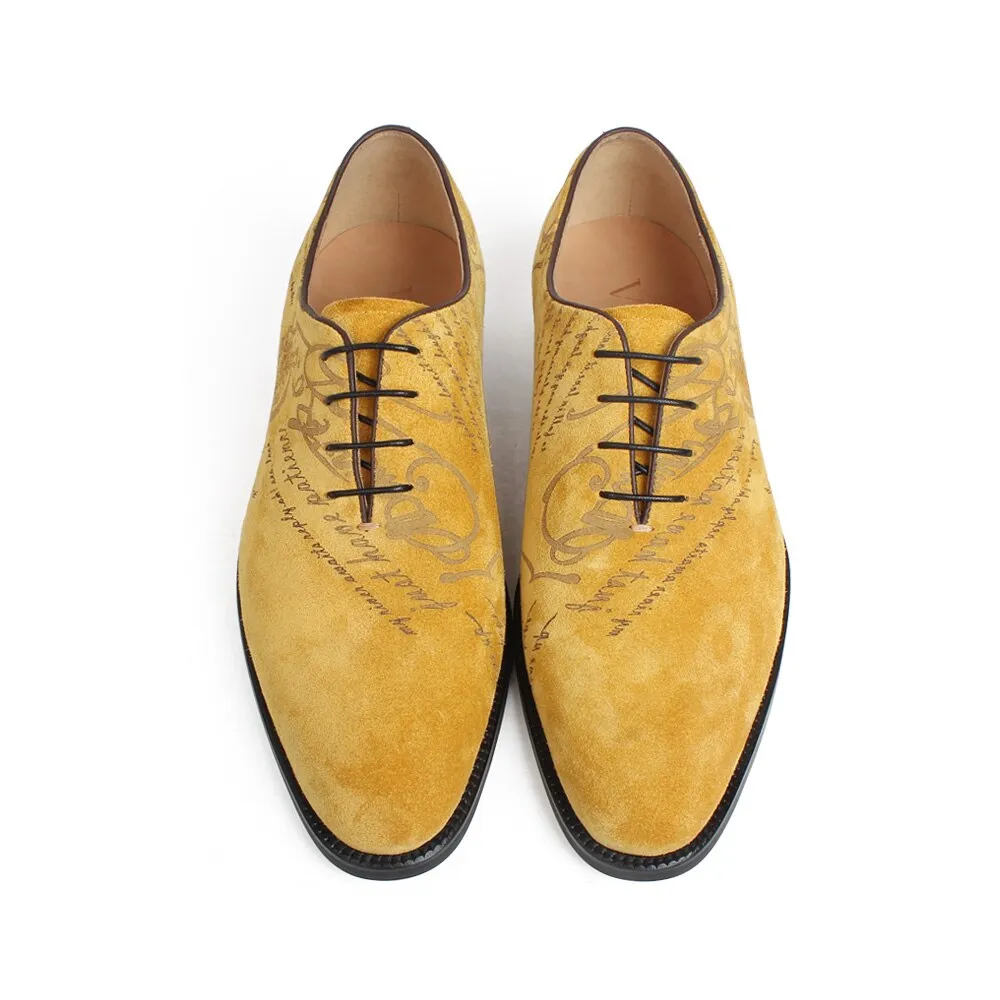Shoes Sandals Flat Genuine Cow Suede Oxford Dress Shoes Men Yellow Flat Letter Laser Wedding Office Handmade Shoes Formal Zapato de Hombre