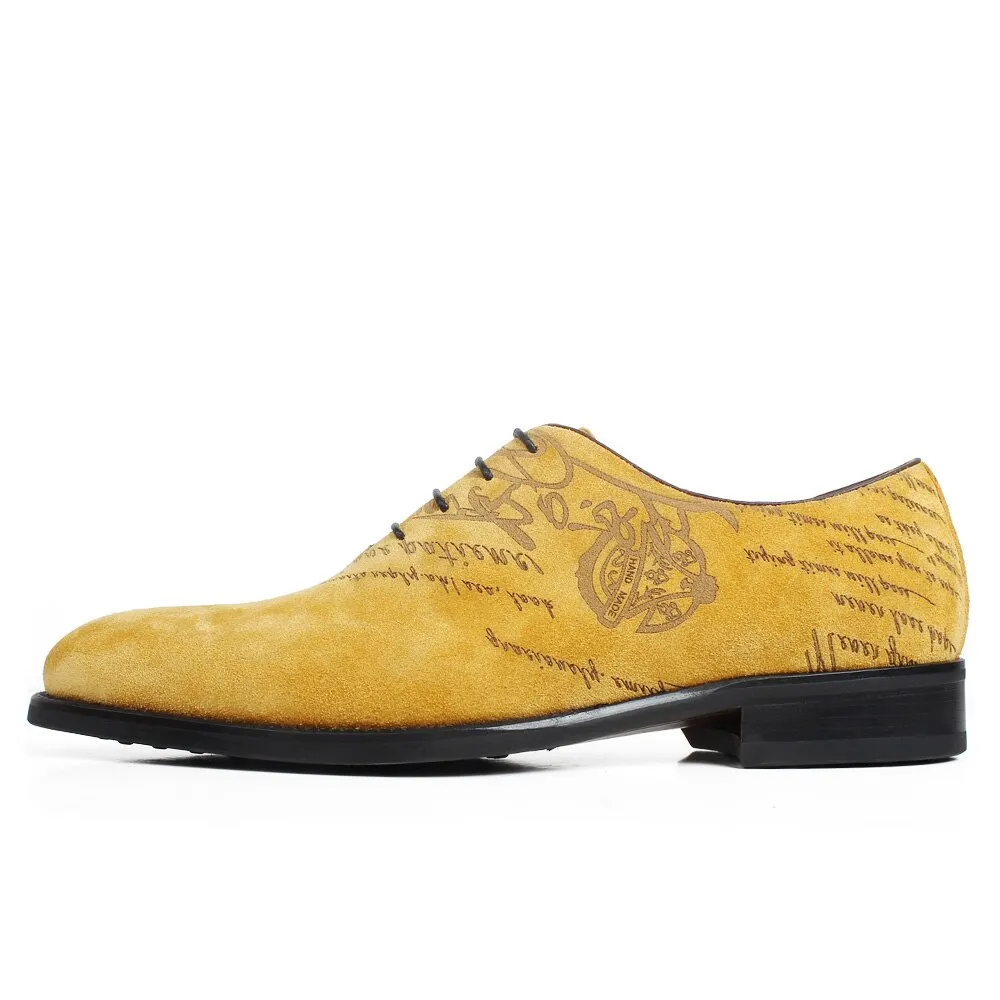 Ballet Flat Shoes With Ribbon Genuine Cow Suede Oxford Dress Shoes Men Yellow Flat Letter Laser Wedding Office Handmade Shoes Formal Zapato de Hombre