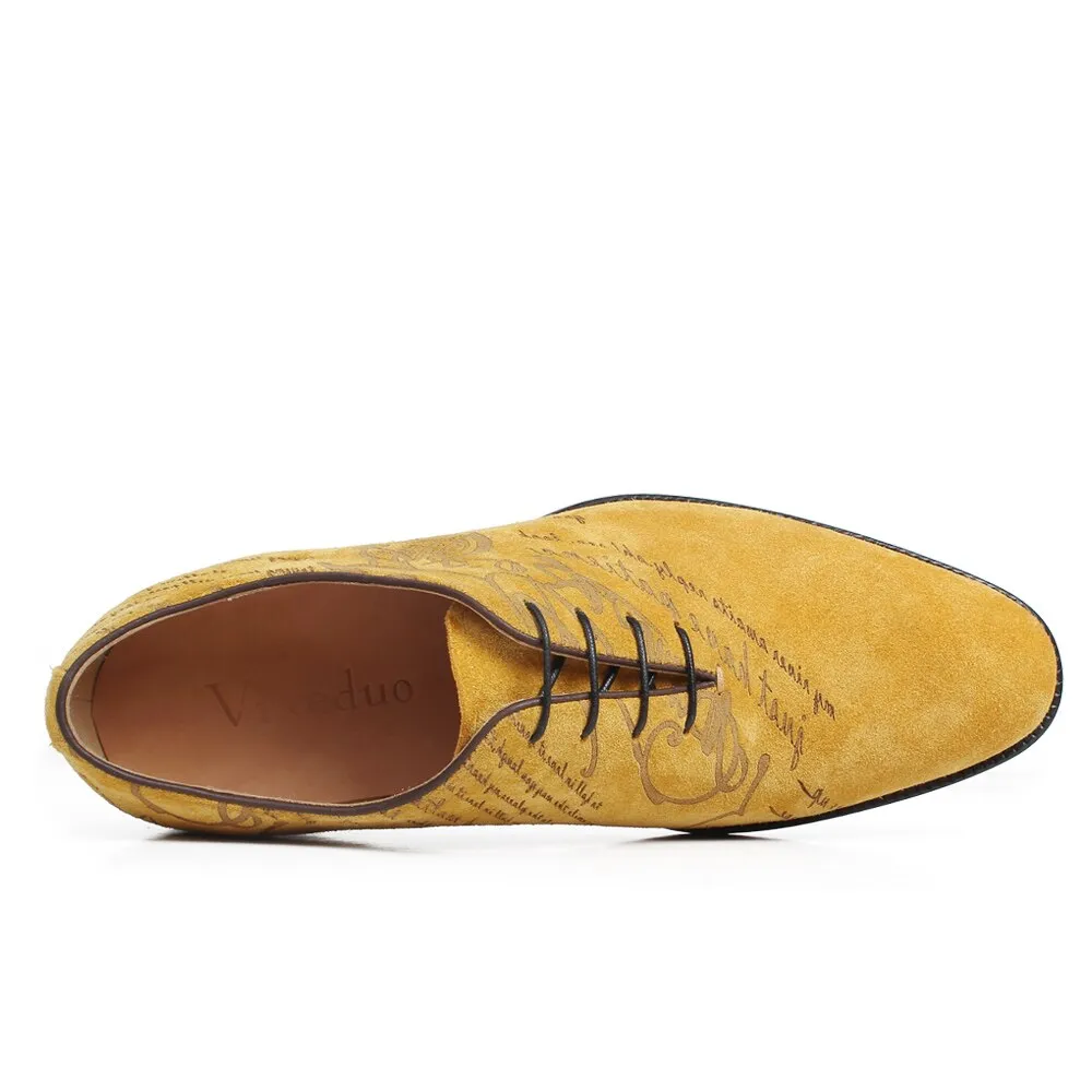 Plus Size Flats Shoes Genuine Cow Suede Oxford Dress Shoes Men Yellow Flat Letter Laser Wedding Office Handmade Shoes Formal Zapato de Hombre